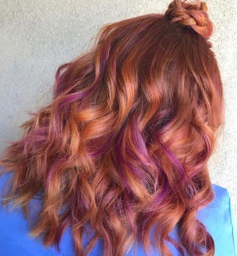 Image result for purple peek streaks red hair curly Purple Highlights Redhead, Purple Lowlights In Red Hair, Red Hair With Streaks Of Color, Red Hair With Blonde And Purple Highlights, Ginger And Magenta Hair, Strawberry Blonde And Purple Hair, Ginger Hair With Fun Colors, Fun Hair Color Ideas For Women Over 40, Red Hair Green Highlights