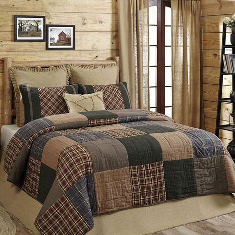 HENLEY Queen 3p Quilt Set Rustic Primitive Plaid Brown/Blue Country Block Cotton #VHCBrands #RusticPrimitive Primitive Bedding, California King Quilts, Plaid Bedding, Country Bedding, King Quilt Sets, Bedroom Minimalist, Vhc Brands, Log House, Farmhouse Bedding