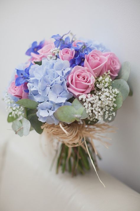 Pretty coloured bouquet featuring pale blue hydrangeas, pink roses and eucalyptus. Photography by www.hayleysavagephotography.co.uk Wedding Flowers Blue Hydrangea, Brides Flowers, Hydrangea Pink, Purple Wedding Bouquets, Blue Wedding Bouquet, Tafel Decor, Wedding Bouquets Pink, Beautiful Bouquets, Purple Wedding Flowers