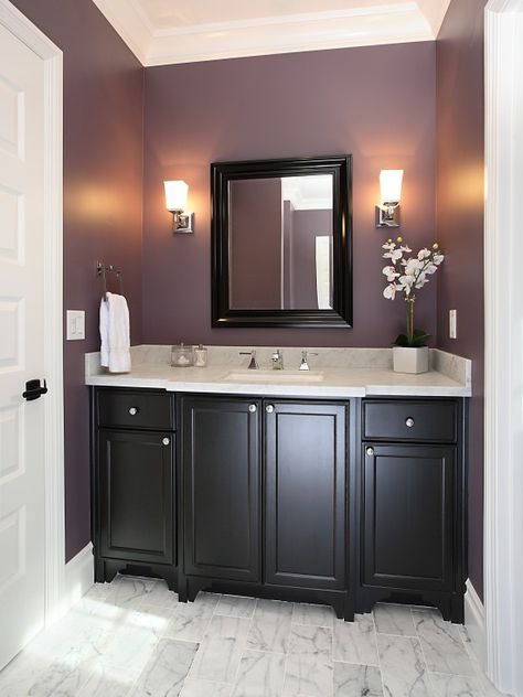 plum powder room w/ black cabinets, add a cream colored pearlescent shower curtain and this would look amazing in my master bath!! Traditional Powder Room Design, Traditional Powder Room, Powder Room Design Ideas, Makeover Kamar Mandi, Subway Tile Design, Purple Bathrooms, Powder Room Design, Bathroom Paint Colors, Bathroom Color