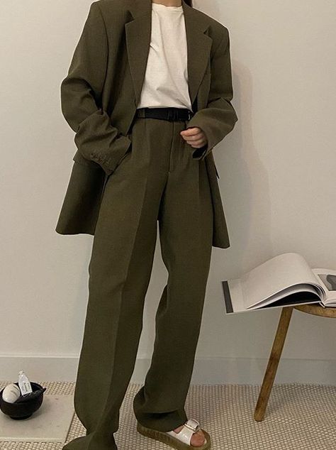 Prom Outfit Inspo Men, Monochrome Formal Outfit, Lose Suits Men, Masculine Dressy Outfits, Elegant Masculine Outfit, Green Pants Outfit Formal, Earth Tone Formal Outfit Men, Graduation Dress Men, Baggy Prom Suit