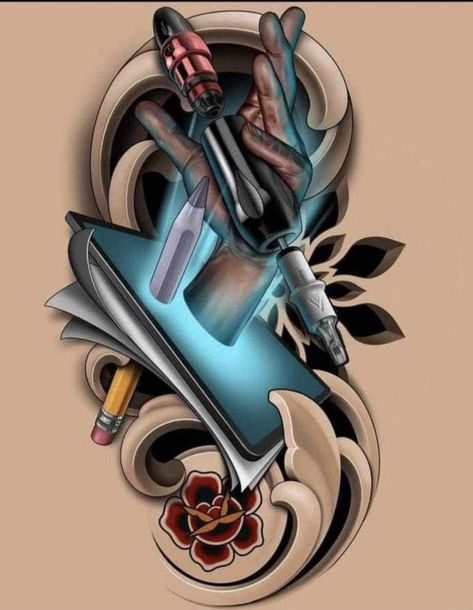 Tattoo Machine Drawing, Tattoo Machine Art, Tattoo Machine Design, Gangsta Tattoos, Chicano Art Tattoos, Tatuaje A Color, Traditional Tattoo Design, Tattoo Equipment, Dark Art Tattoo