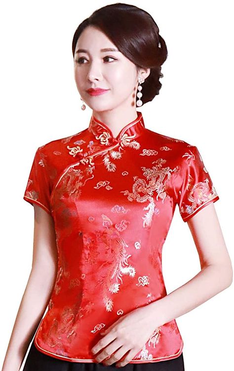 Shanghai Story Chinese Cheongsam Shirt Short Sleeve China Blouse for Women at Amazon Women’s Clothing store Tops Traditional, Cheongsam Shirt, Qipao Top, Chinese Blouse, Chinese Shirt, Cheongsam Top, Frog Closure, Chinese Cheongsam, Girls Long Dresses