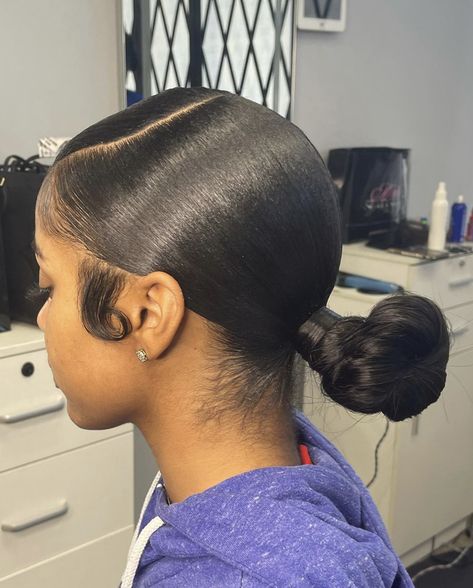 Swoop Knot Bun, Knot Bun With Swoop, Black Girls Bun Hairstyles, Box Braids Hairstyles For Kids, Bun With Swoop, Low Knot Bun, Braids Hairstyles For Kids, Updo Hairstyles For Black Women, Graduation Hair