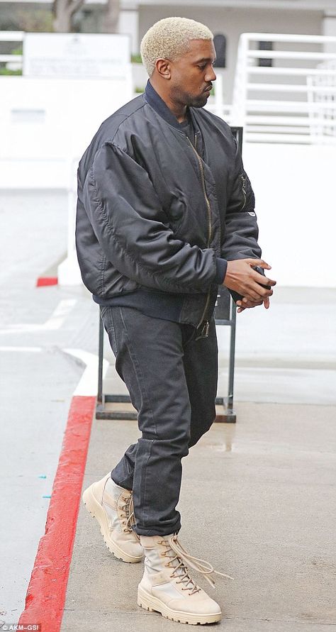 Where's Kim? Kanye West stepped out solo in LA on Monday for lunch at a Brentwood restaurant Kanye Blonde Hair, Kanye West Boots, Yeezy Season 4 Boots, Kanye Boots, Kanye West Fashion, Yeezy Jacket, Yeezy Season 4, Yeezy Season 1, Kanye West Outfits