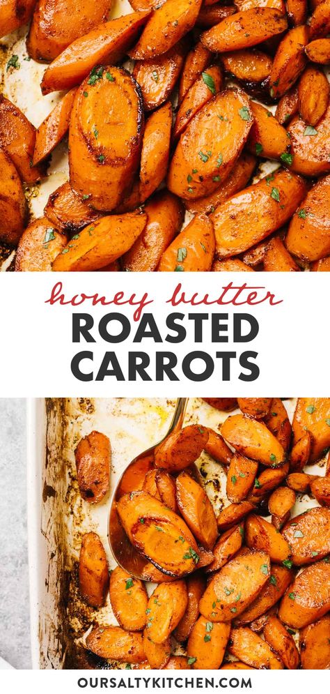 Oven roasted carrots with honey butter are a solid vegetarian crowd pleaser using just carrots and pantry staples. They're easy, healthy, and great for a serving a crowd at Thanksgiving or Christmas dinner. Roasted carrots are naturally vegetarian with a paleo option (just one substitution) and with just a few ingredients, they're super frugal too! Easy side dishes don't get much better than this! #sidedish #carrots #vegetarian #thanksgiving #thanksgivingsides Thanksgiving Carrot Recipe, Carrots In Oven, Carrot Recipes Side Dishes, Thanksgiving Vegetables Side Dishes, Carrot Dishes, Oven Roasted Carrots, Carrots Side Dish, Honey Carrots, Sliced Carrots