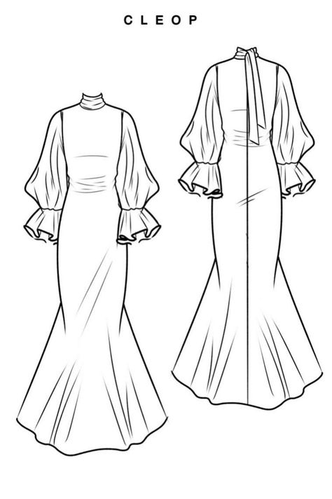 Gown Technical Drawing, Fashion Design Flats, Fashion Flats Dress, Puff Sleeve Technical Drawing, Flat Sketches Dress, Dress Flat Drawing, Dress Technical Drawing, Dress Flat Sketch, Flat Sketches Fashion