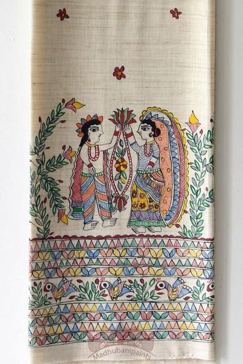 Madhubani Embroidery Designs, Maithili Art, Madhubani Embroidery, Madhubani Dupatta, Madhubani Print, Phad Painting, Saree Painting Designs, Mughal Art Paintings, Saree Painting