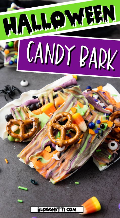 Indulge in a spooky and sweet Halloween treat! This colorful Candy Bark is a simple yet delicious dessert that's perfect for sharing with friends and family. Made with a rich chocolate base and adorned with a variety of Halloween-themed candies and salty pretzels for that sweet and salty factor, this bark is sure to be a hit at any party. Halloween Bark Candy, Halloween Candy Bark Recipes, Halloween Bark Recipes, Candy Bark Recipes, Halloween Candy Bark, Bark Candy, Halloween Themed Snacks, Halloween Bark, Spooky Halloween Desserts