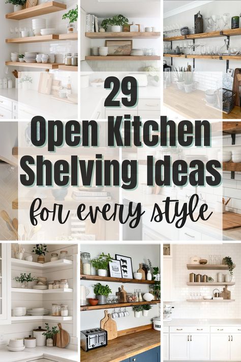 From modern to farmhouse, these open kitchen shelf ideas will help you create a space that’s both practical and Pinterest-worthy. Subway Tile Open Shelving, Decorating Ideas For Kitchen Shelves, Open Cabinet Ideas For Kitchen, Practical Open Shelving Kitchen, Practical Open Shelving In The Kitchen, Shelf Decor For Kitchen, Wine Rack Above Kitchen Sink, Simple Kitchen Shelf Ideas, Joanna Gaines Open Shelving Kitchen