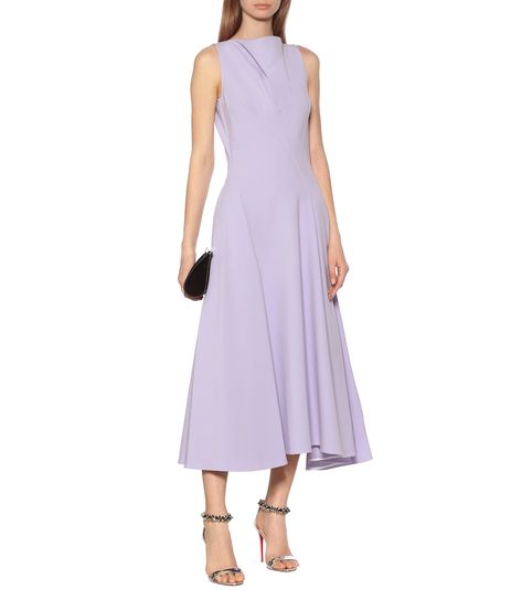 Assured Swing stretch-crêpe midi dress in pastel purple Queen Dresses, Professional Work Outfit, Royal Clothing, Purple Prom Dress, Designer Evening Dresses, Draped Neckline, Taffeta Dress, Daytime Dresses, Printed Cotton Dress