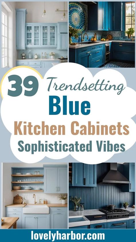 39 Trendy Blue Kitchen Cabinet Ideas: with Cool, Sophisticated Vibes 2 Kitchen Decor With Blue Cabinets, Blue Cabinets With Blue Backsplash, Cornflower Blue Cabinets Kitchen, Painted Blue Cabinets Kitchen, Black Countertops With Blue Cabinets, Blue Kitchen Black Hardware, Kitchen Ideas With Blue Cabinets, Kitchens With Blue And White Cabinets, Coastal Color Kitchen Cabinets