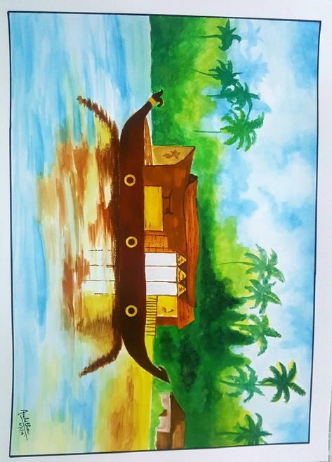 A houseboat in the backwaters of Kerala - by Anshitha Ficel Kerala Boat Painting, Kerala Boat Drawing, Boat House Drawing, Houseboat Drawing, Friend Painting Ideas, Backwaters Of Kerala, Painting Basics, Scenery Drawing For Kids, School Decoration