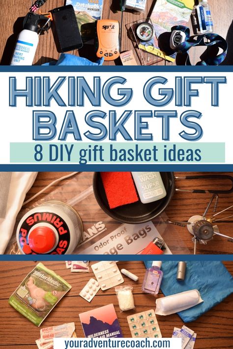 While hiking gift baskets may take a little extra thought and time to put together, it is so worth it to create the perfect, cutsomized hiking gift! Check these hiking and camping gift basket ideas out if you need some inspiration. Camping Trip Gift Basket, Hiking Party Favors, Outdoorsy Gift Basket, Outdoor Gift Basket Ideas, Hiking Gift Basket Ideas, Adventure Gift Basket, Winterfest Ideas, Camping Gift Basket Ideas, Camping Gift Basket