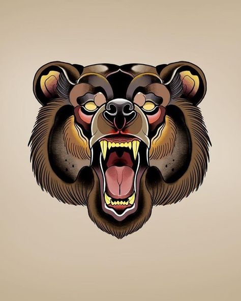 Traditional Bear Tattoo, Grizzly Bear Tattoos, Bear Tattoo Designs, Neo Tattoo, Traditional Tattoo Flowers, Creative Logos, Traditional Tattoo Sleeve, Bear Tattoos, Neck Tattoo For Guys