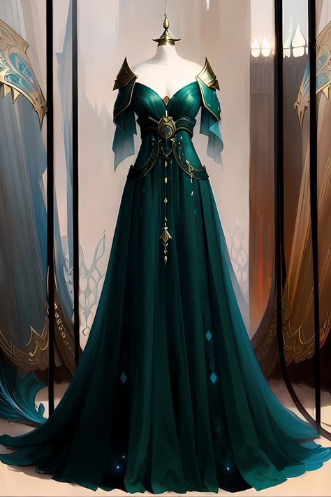 Phthalo Green Dress, Green And Gold Gown, Fantasy Green Dress, Emerald Green Fantasy Dress, Slytherin Dress Green Gown, Elves Dress, Emerald Fantasy Dress, Loki Wedding, Green And Gold Fantasy Dress