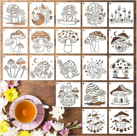 Amazon.com : 20 Pieces Mushrooms Stencils Template, Reusable Boho Mushroom Moon Flowers Stencils for Painting on Wood, Canvas, Tile, Scrapbook, Fabric, Pillows Decorations DIY Craft Projects (20pcs Mushroom 5.1) : Arts, Crafts & Sewing Mushroom Stencil, Paint Diy Crafts, Diy Projektit, Dekor Diy, Painting Templates, Art Tile, Flower Stencil, Diy Art Projects, Kraf Diy