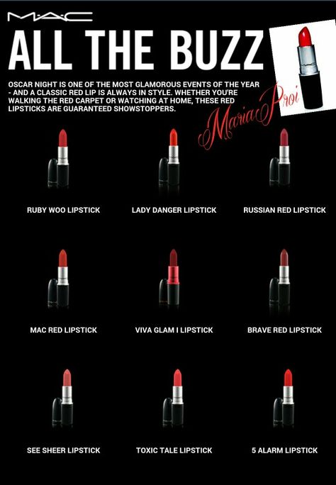 Red Carpet Red Lipstick shades from MAC Red Mac Lipstick, Russian Red Lipstick, Russian Red Mac Lipstick, Mac Red Lipsticks, Ruby Woo Lipstick, Mac Lipstick Shades, Red Lipstick Shades, Lady Danger, Oscar Night