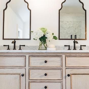 Light Stained Oak Washstand with Oil Rubbed Bronze Vintage Faucets Bronze Fixtures Bathroom, Oil Rubbed Bronze Bathroom Fixtures, Neutral Modern Farmhouse, Modern Farmhouse Bathroom Ideas, Powder Room Lighting, Rubbed Bronze Bathroom, Vintage Faucet, Black Bathroom Faucet, Bathroom Chandelier