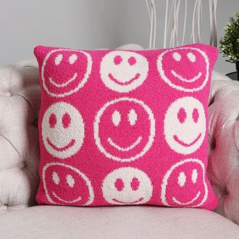 Comfyluxe Small Happy Face Pillow Cover - Approximately 18" W 18" L -100% Poly Microfiber - Extra Plush And Cozy Hot Pink Smiley Face, Smiley Face Pillows, Preppy Pillows, Pink Smiley Face, Pink Throw Blanket, Pink Smiley, Face Smile, Preppy Bedroom, Face Pillow