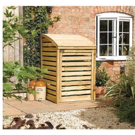 Single Wooden Bin Store- Wickes £99 W0.8 x L0.82 x H1.28 lifting lid (Max overall bin size: H 1.06m x W0.74m x D0.74m) Triple Bin Store, Bin Store Garden, Garbage Can Storage, Wooden Bins, Bin Shed, Wooden Shed, Bin Store, Garden Buildings, Garden Structures