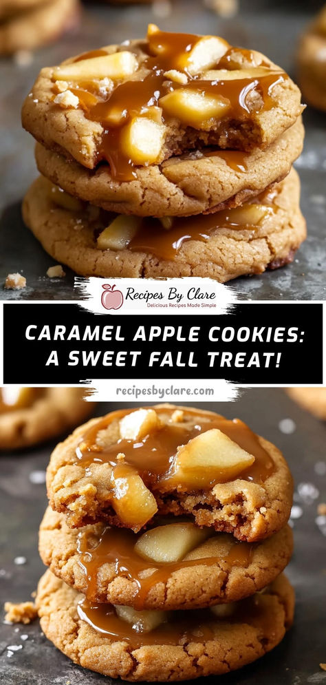 Chewy, caramel-drizzled cookies filled with tender apple chunks—perfect for savoring the flavors of fall!  Ingredients:  1 ¾ cups all-purpose flour 1 cup peeled, chopped apples 1 cup caramel bits ½ cup unsalted butter (softened)  Soft, cinnamon-spiced cookies packed with juicy apples and gooey caramel, making them the perfect sweet fall treat! Carmel Apple Oatmeal Cookies Recipes, Apple Cookie Cups, Carmel Apple Cookies Easy, Carmel Apple Snickerdoodles, Carmel Apple Cookies Recipe, Cookies With Apples, Salted Caramel Chip Cookies, Carmel Apple Pie Cookies Recipes, Apple Carmel Cookie