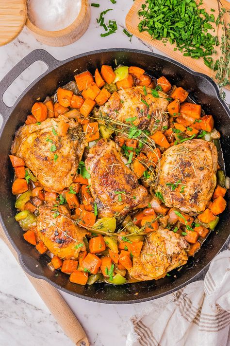 Chicken and Sweet Potato Skillet Avery Cooks, Sweet Potato Skillet Recipes, Chicken And Sweet Potato, Potato Skillet, Chicken Dinner Recipe, Comfort Food Chicken, Sweet Potato Skillet, Cozy Fall Vibes, Averie Cooks