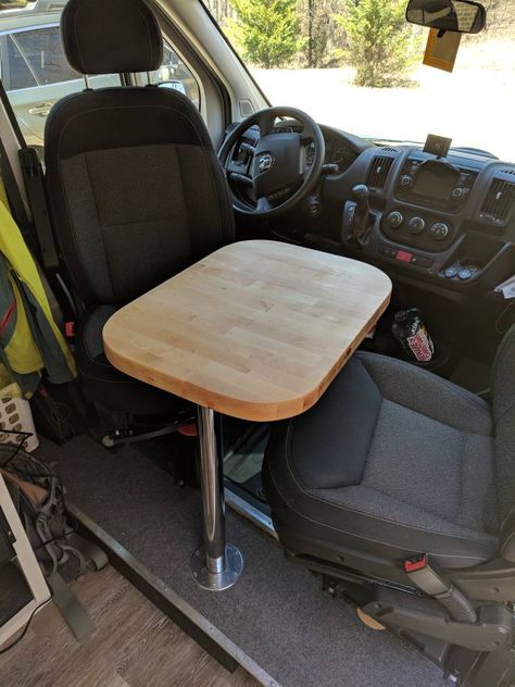 Swivel Table Camper, Campervan Table Ideas, Camper Van Table, Campervan Table, Minivan Life, Camper Table, Japanese Dining Table, Van Inspiration, Dog Van