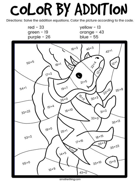 These free printable Dinosaur Coloring Pages use math to color by number! Perfect for home school math practice, they are great for early elementary age kids who want to practice addition. Just solve the equations and use the answer to find the corresponding color to color the page. So much fun for kids! #earlylearning #mathpractice #homeschool Dinosaur Math Worksheets, Dinosaur Color By Number Free Printables, Dinosaur Worksheets 2nd Grade, Colour By Addition, Dinosaur Color By Number, Color By Addition, Dinosaur Math, Addition Coloring Worksheet, Volcano Projects