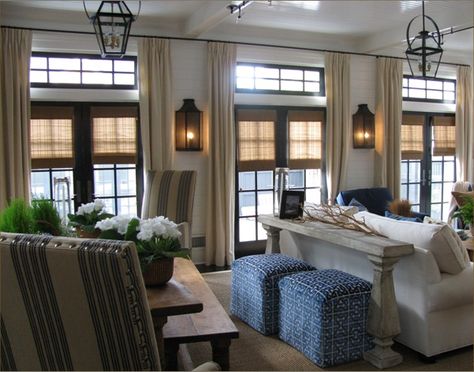 Love the living;dining combo Lights Above Windows Living Room, Library Window Treatments, Window Treatments Transom Windows, Sconces Between Windows, Transom Window Treatments, Blue Window Treatments, White Moulding, Door Treatments, Beige Decor