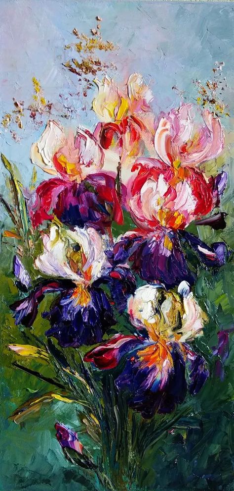 Bouquet Of Wildflowers, Painting Portraits, Iris Painting, Modern Impressionism, Leaf Painting, Painting Gold, Wow Art, Oil Painting Flowers, Abstract Flower