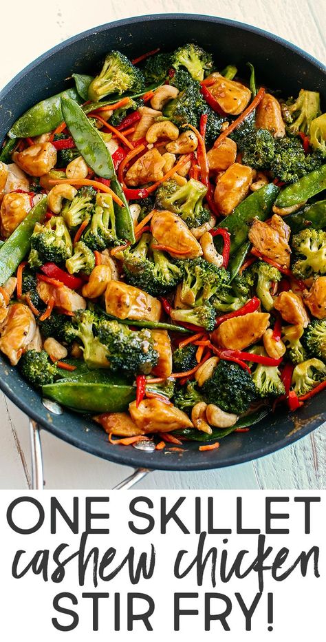 This One Skillet Cashew Chicken Stir Fry is the perfect weeknight meal that is quick and easy to make, full of fresh veggies and tossed together in a delicious homemade peanut sauce! Healthy Cashew Chicken Stir Fry, Homemade Cashew Chicken, Healthy Asian Stir Fry, Meal Prep Stir Fry Healthy, Chicken Broccoli Cashew Stir Fry, High Protein Chicken Stir Fry, Cashew Chicken And Broccoli, Chicken And Cashew Stir Fry, Quinoa Stir Fry Recipes Chicken