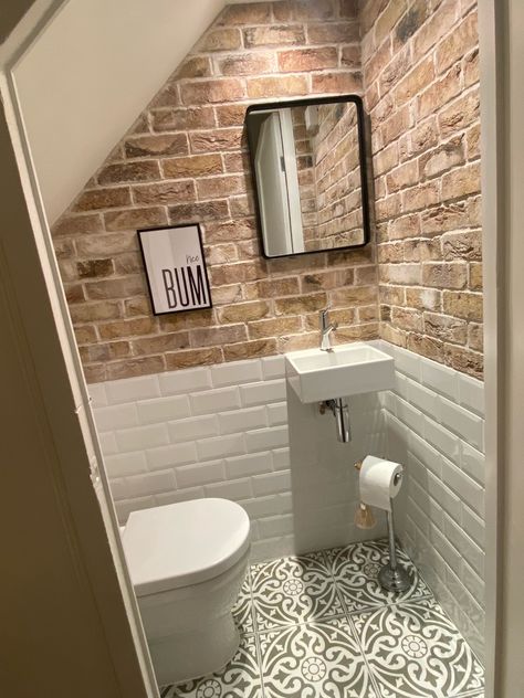 Stairs Powder Room, Understairs Toilet, Brick Slip, Brick Bathroom, Small Downstairs Toilet, Bathroom Under Stairs, Brick Slips, Toilet Room Decor, Small Toilet Room