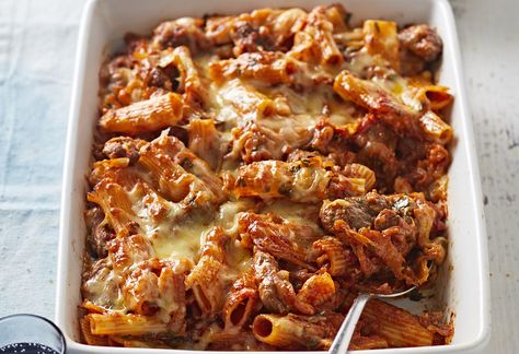 Lamb sausage pasta bake Sausage Recipes With Pasta, Lamb Sausage Recipes, Lamb Sausage, Recipes With Pasta, Sausage Pasta Recipe, Pasta Board, Sausage Pasta Bake, Pasta Bakes, Basil Pasta Sauce