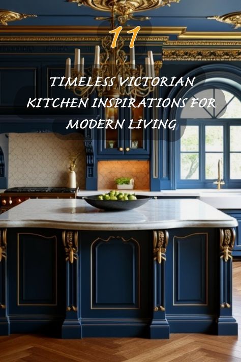 I absolutely adore the blend of classic Victorian elegance with modern functionality in this stunning kitchen! The deep navy cabinetry paired with luxurious gold accents creates an inviting yet sophisticated atmosphere. The marble countertop adds a touch of timeless beauty, making it the perfect space for both cooking and entertaining. Join me in exploring these beautiful kitchen inspirations that seamlessly marry tradition with contemporary living! Victorian Kitchen Aesthetic, Victorian Homes Interior Kitchen, Victorian Kitchen Design, Victorian Kitchen Ideas, Modern Victorian Kitchen, Japandi Dining Room, Kitchen Victorian, Organic Modern Kitchen, Best Kitchen Layout