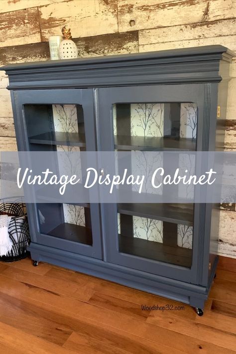 Refinished Cabinet With Glass Doors, Glass Front Cabinet Makeover, Repurposed Glass Doors Ideas, Repurposed Bathroom Cabinet, Redo Curio Cabinet Ideas, Bookcase With Glass Doors Makeover, Glass Door Cabinet Makeover, Cabinet Display Ideas, Upcycled Display Cabinet