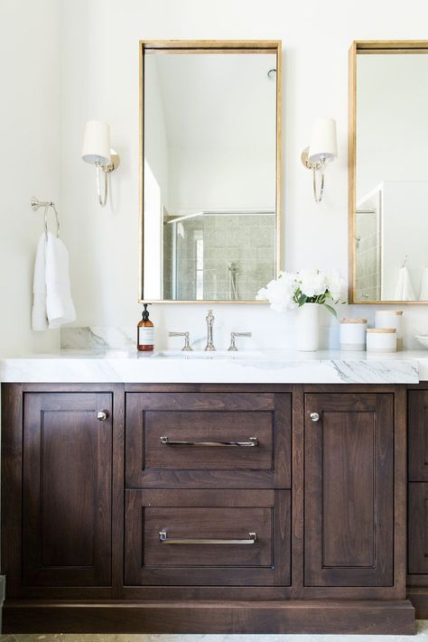 Dark brown vanity Mcgee Bathroom, Modern Vintage Bathroom, Bathroom Faucets Chrome, Mixing Metals, Chrome Fixtures, Welding Table, Chrome Bathroom, Gorgeous Bathroom, In Bathroom