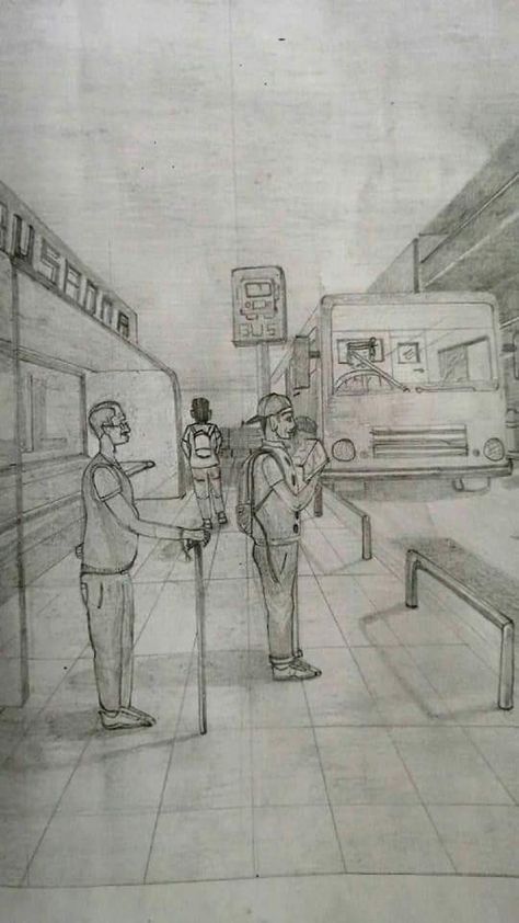 Bus Station Drawing, Human Composition Drawing, Nid Preparation, Elementary Drawing, Terminal Bus, Architecture Drawing Presentation, Composition Drawing, Bus Art, Perspective Sketch