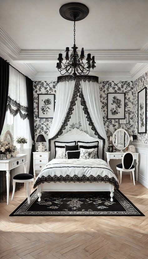 Cuartos Dark, White Gothic Bedroom, Black White Bedroom Decor, Black Lace Curtains, 20s Bedroom, White Bedroom Decor Ideas, White Shabby Chic Bedroom, Black And White Floral Wallpaper, White Canopy Bed