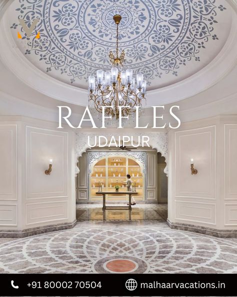 Discover the opulence of Raffles Udaipur, a luxurious retreat on a private island in Udai Sagar Lake, surrounded by the Aravalli Hills. Opened in 2021, this exquisite hotel features spacious rooms and suites blending Indian and European influences, with panoramic views of Baroque gardens and the lake. Immerse yourself in Indo-Saracenic architecture, ornamental gardens, and lush surroundings teeming with birdlife and exotic flora. Experience the first Raffles hotel in India, where elegance mee... Raffles Udaipur, Raffles Hotel, Traditional Interior Design, Architect Design House, Indian Architecture, Private Island, Udaipur, Traditional Interior, Luxury Hotels