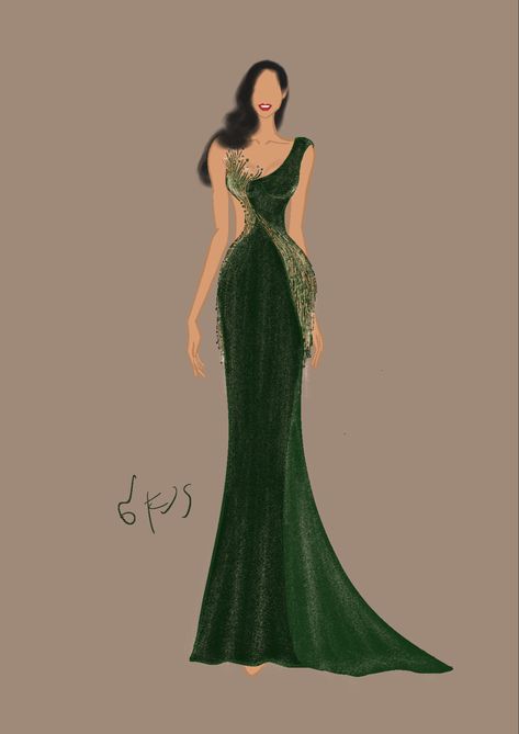 Emerald Green Long Gown, Ball Gown Illustration Fashion Sketches, Dress Drawing Easy, Slytherin Fashion, Met Gala Dresses, Detailed Dress, Long Gown Design, Dress Design Drawing, Fashion Design Collection