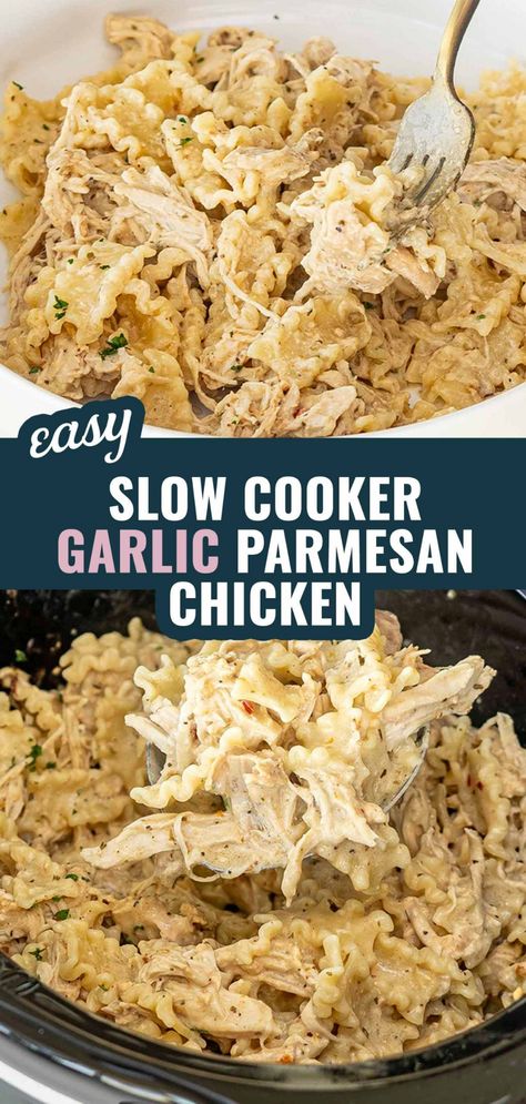 Try this Slow Cooker Garlic Parmesan Chicken with tender shredded chicken and pasta in a creamy sauce. So good and so simple! ❤️ #SlowCooker #GarlicParmesanChicken #EasyDinner Shredded Chicken And Pasta, Slow Cooker Garlic Parmesan Chicken, Garlic Chicken Crockpot, Parm Chicken, Creamy Garlic Parmesan Sauce, Crockpot Chicken Parmesan, Creamy Parmesan Chicken, Garlic Chicken Pasta, Chicken And Pasta