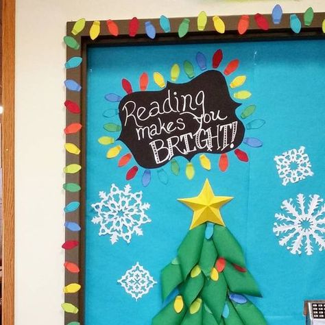 Christmas door decoration I did at my library for December 2015 - Reading Makes You Bright! Reading Christmas Door Decorations, Library Christmas Door Decorations, Christmas Library Bulletin Boards, School Library Book Displays, Library Christmas, Elementary Librarian, Christmas Bulletin Boards, Holiday Door Decorations, Library Bulletin Board