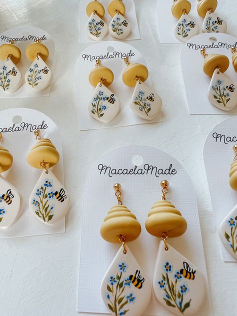 Hand Painted Polymer Clay, Hand Painted Clay Earrings, Clay Bee Earrings, Bee Clay Earrings, Polymer Clay Bee Earrings, Bee Polymer Clay Earrings, Bee Earrings Clay, Clay Honey Bee, Bee Earrings Polymer Clay