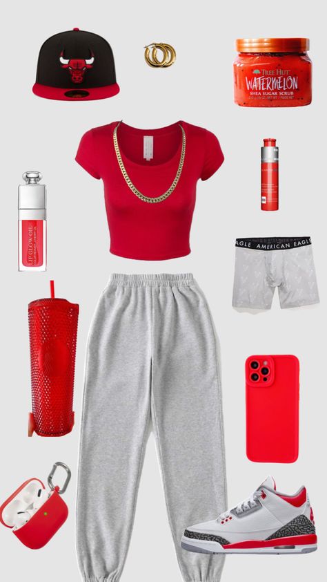 Outfits With Red Shirts For School, How To Style Red Sweatpants, Red Basic Outfit, Preppy Outfits Red, Red School Outfits, White Sweat Pants Outfits, Red Shirt Outfit Aesthetic, Red Sweatpants Outfit, Cute Red Outfits