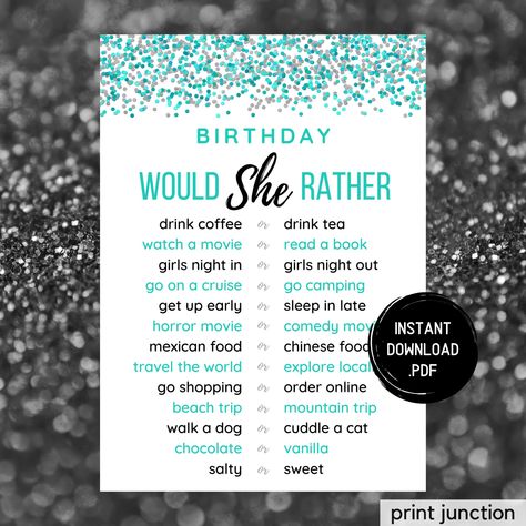 Birthday Would She Rather, Printable Birthday Games, Would She Rather 30th Birthday Game, Birthday Games, Birthday Girl, Instant Download Teen Birthday Party Games, Preteen Birthday, 30th Birthday Games, 1st Birthday Party Games, Printable Birthday Games, Latest Horror Movies, Teen Sleepover, Would She Rather, Slumber Party Games