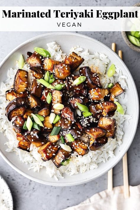 Marinated Teriyaki Eggplant - Cupful of Kale Japanese Aubergine Recipe, Aubergine Kitchen Copycat Recipes, Fairytale Eggplant Recipes, Teriyaki Eggplant, Eggplant Bowl, Eggplant Vegan, Recipe Japanese, Vegan Japanese, Easy Japanese Recipes