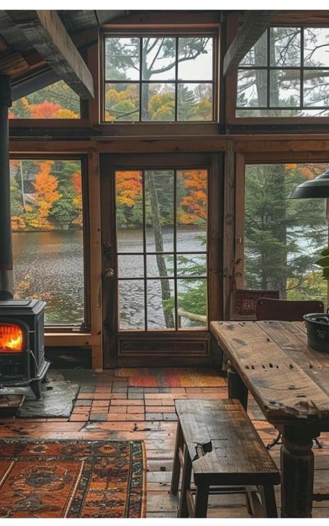 Woodsy Aesthetic House, Rustic Lake House Interior, Cottage Core Houses, Cottage In Woods, Homestead Cabin, Rustic Lake Houses, Lake House Interior, Woodland House, Cabin Aesthetic