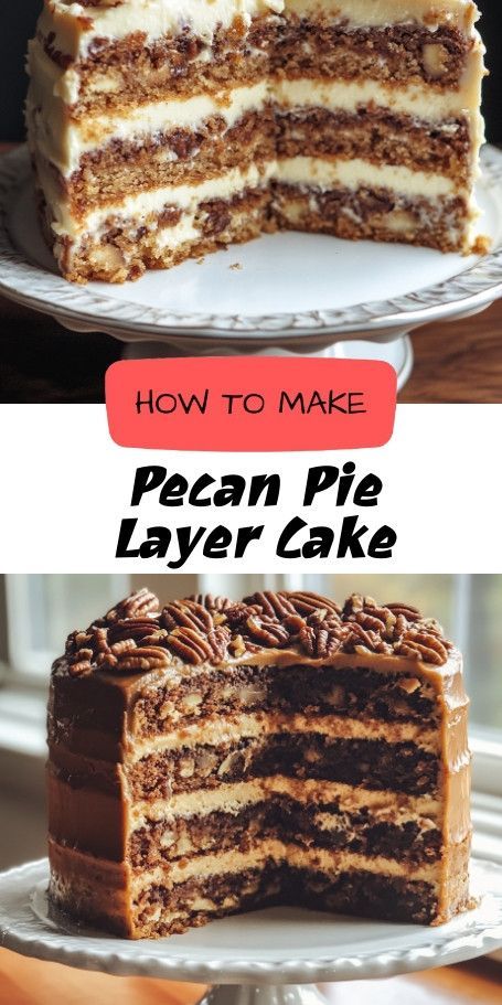 Pecan Pie Layer Cake: A Luxurious Fall Dessert Indulge in the ultimate fall treat with our Pecan Pie Layer Cake! This stunning dessert blends the rich flavors of traditional pecan pie with the elegance of a layered cake. Perfect for holiday gatherings, it's easy to make and sure to impress. Get the recipe now and bring a touch of decadence to your celebrations! #PecanPieCake #FallFlavors #HolidayDessert Pecan Pie Cake, Delicious Holiday Desserts, Whipped Cream Frosting, Crunchy Pecans, Layered Cake, Fall Dessert, Pie Cake, Fall Treats, Pecan Pie