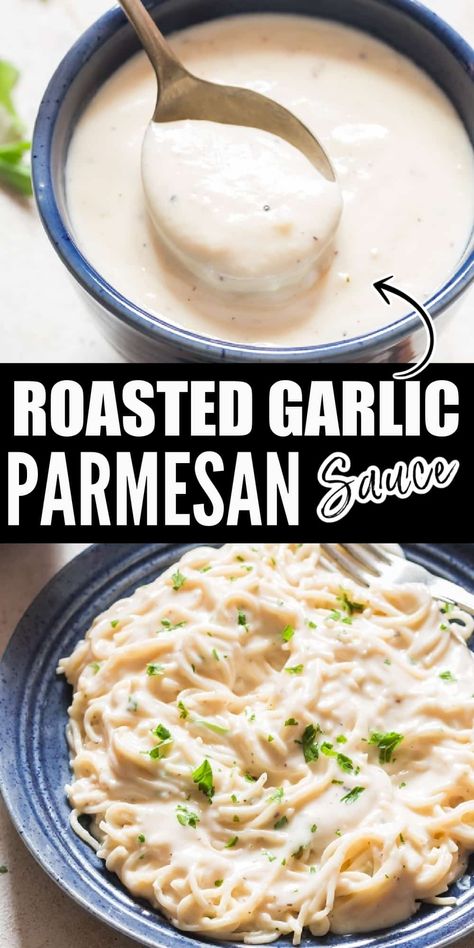 Outrageously delicious garlic Parmesan sauce has wonderful rich flavors from roasted garlic and Parmesan cheese. Toss with pasta, roasted veggies, as dipping sauce or pizza sauce. #garlicParmesansauce #cheesesauce #roastedgarlic #Parmesan #forwings #pasta #pastasauce #whitesauce #creamy #easy #forfries #steaksauce #easyrecipe #homemadesauce Garlic Parmesan Sauce Recipe, Parmesan Sauce Recipe, Creamy Sauces, Creamy Pasta Sauce, Garlic Parmesan Sauce, Homemade Sauce Recipes, Parmesan Sauce, Parmesan Pasta, Pasta Sauce Recipes